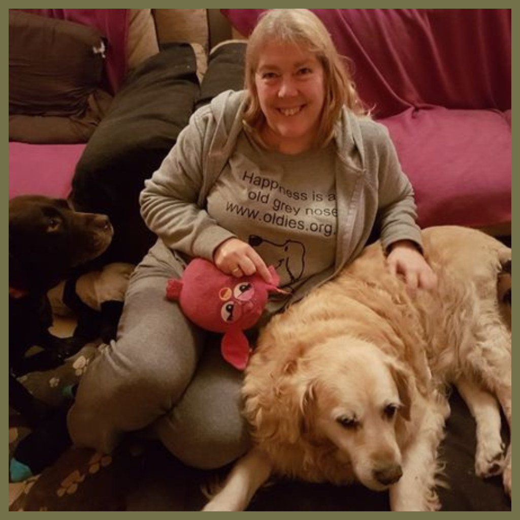 A smiling woman wearing a grey "Happiness is a old grey nose" t-shirt sits on a sofa, gently petting a golden retriever named Sandy, with another brown dog partly visible beside her.