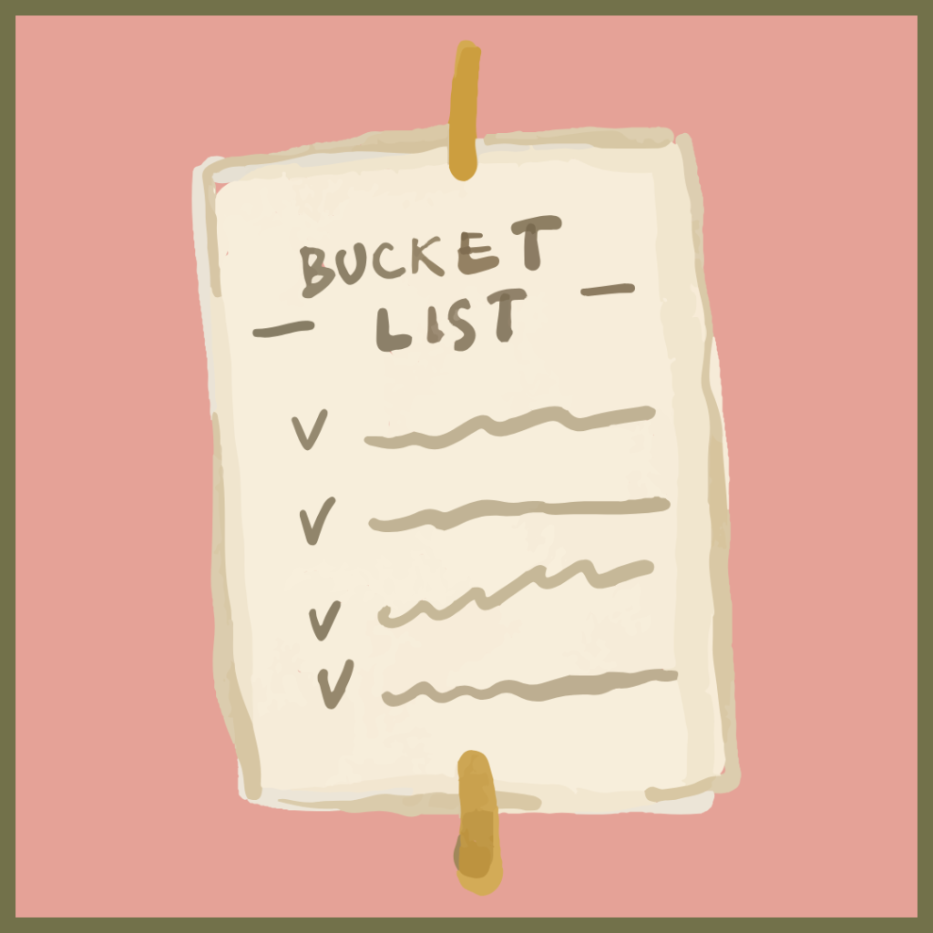 Graphic titled "Creating a 'Bucket List' for your dog", featuring an illustration of a paper bucket list with checked items hanging on strings.