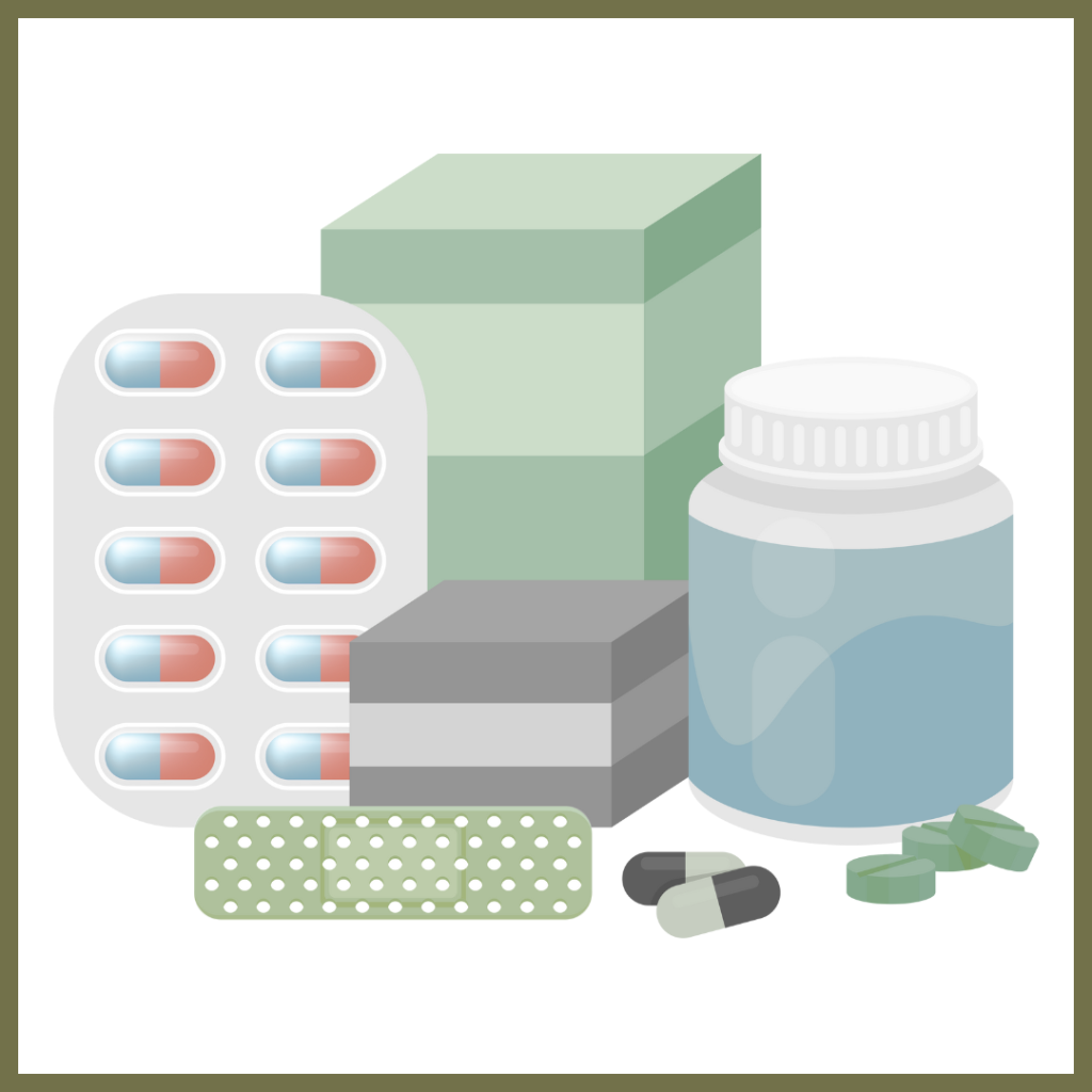 An illustration titled "Medication: it's not just tablets" shows various forms of medicine, including a blister pack of capsules, a large medicine bottle, boxes, a bandage, and loose pills.