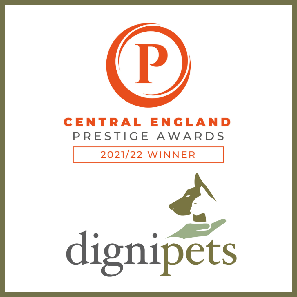 Graphic displaying an award recognition: an orange circle with a 'P' inside, stating "Central England Prestige Awards 2021/22 Winner." Below it is the Dignipets logo, featuring a dog and cat head above a pair of cupped hands.