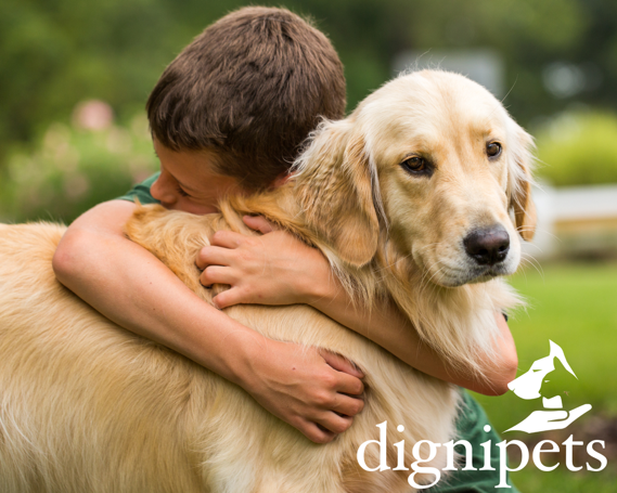 Image of a child hugging and saying goodbye to their dog